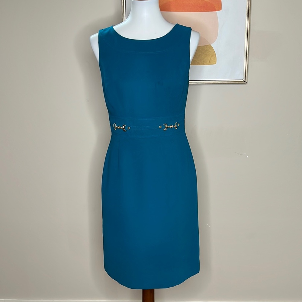Tahari sheath dress with gold equestrian details | Petite